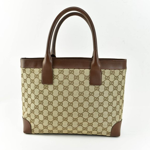 GUCCI: Beige "GG" Logo & Brown Leather Tote (vs)